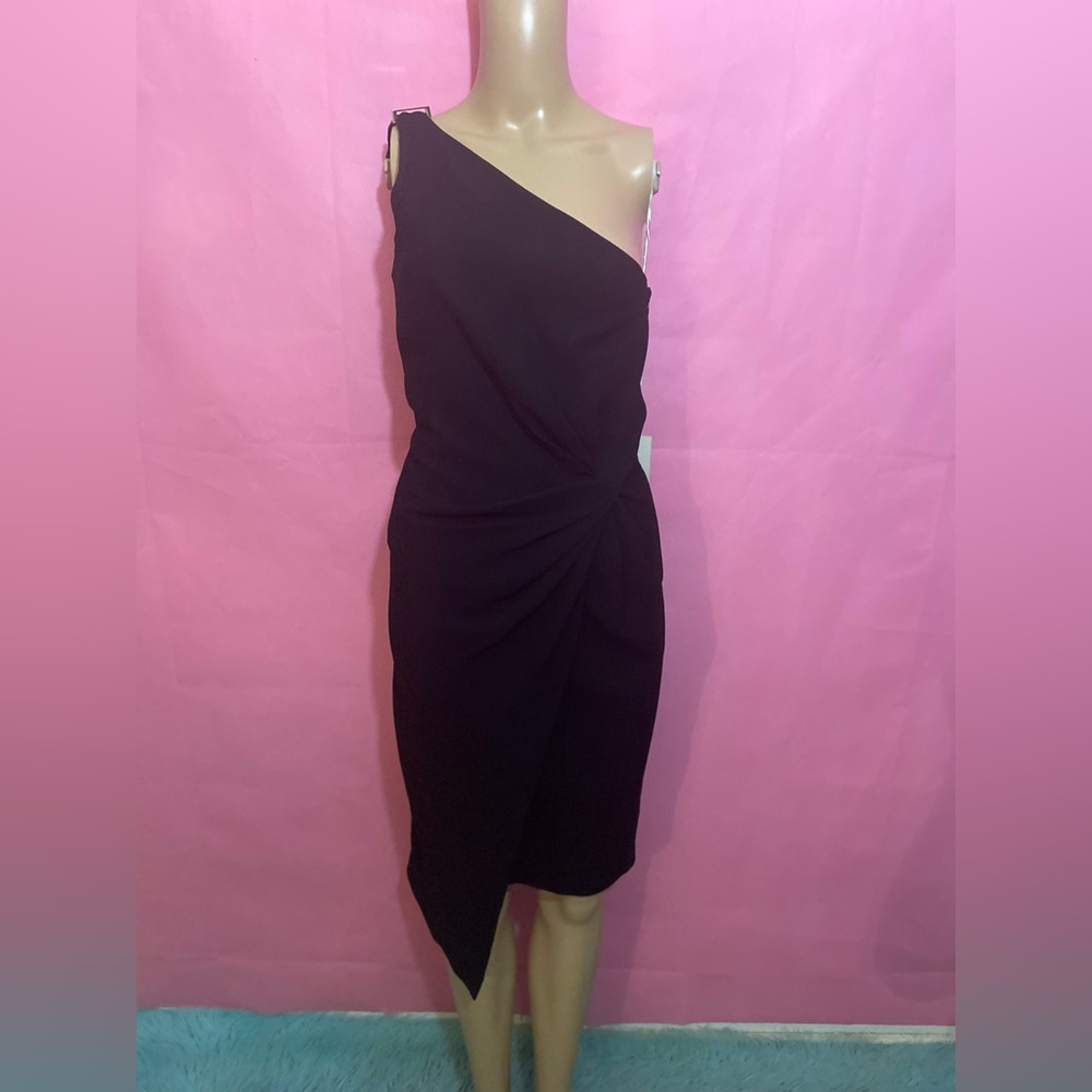Halston Heritage one shoulder black dress with gold accent &twist in the middle